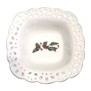 Ivory Holly Square Pierced Holly Bowl by The Cellar Porcelain Holiday Dish Japan